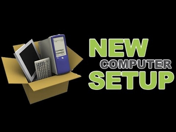 Black background with a box of computer components and the words NEW COMPUTER SETUP next to the box